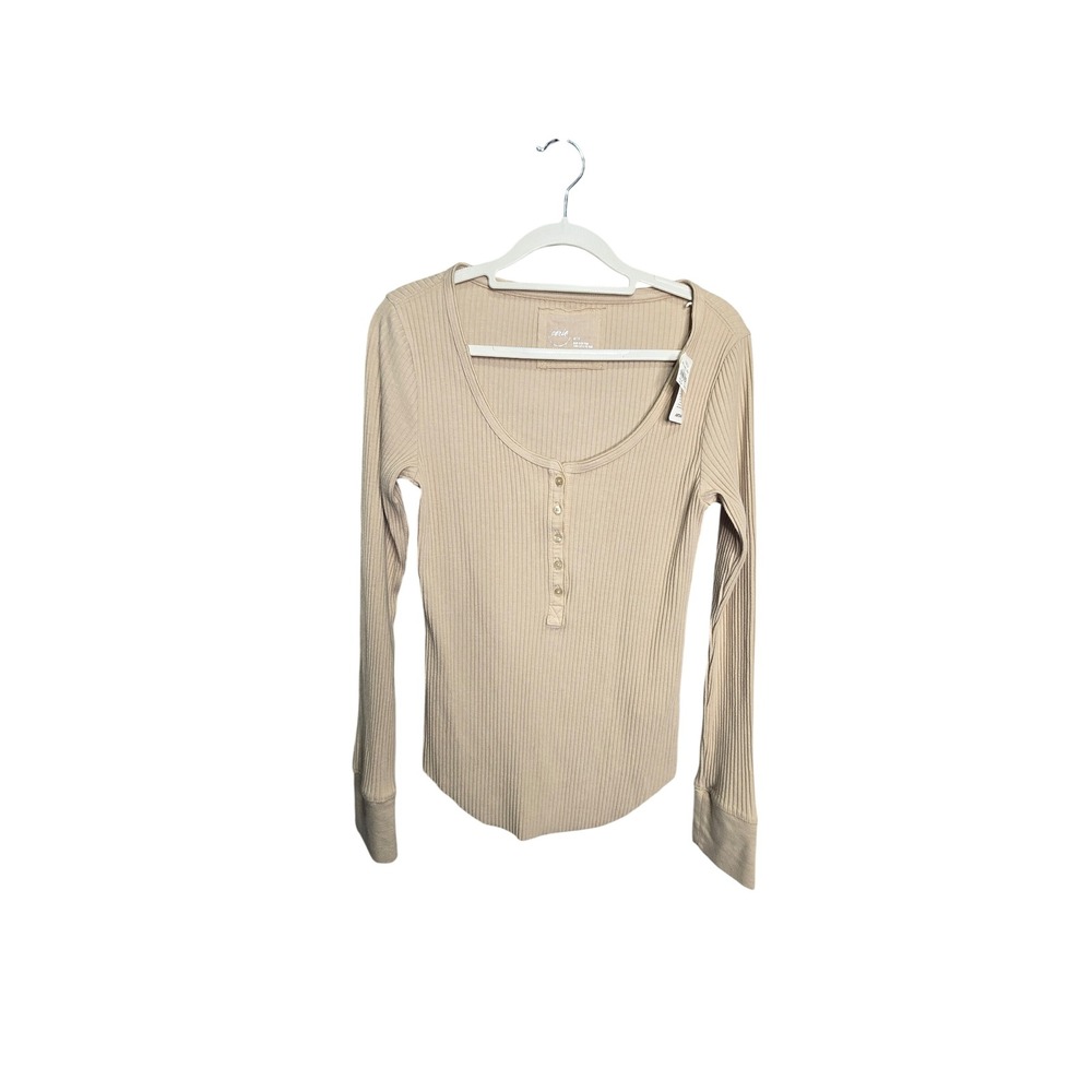 Aerie Henley Top Womens Medium Tan Ribbed Long Sleeve Scoop Neck Cozy Casual